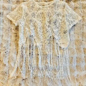 SHEIN Ivory Lace Fringe Blouse Small New NWT